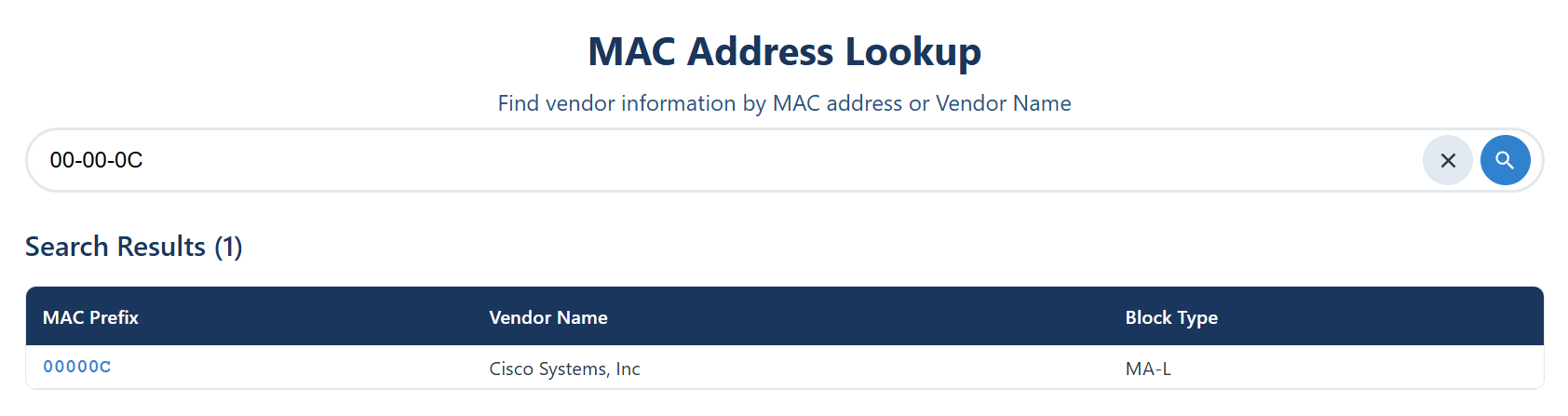 MAC Address Lookup Tool Screenshot
